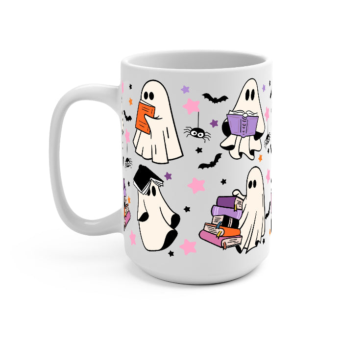Ghosts and Books drinkware design featuring cute white ghosts reading and carrying colorful books surrounded by black bats and pink, purple and orange stars.