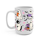 Ghosts and Books drinkware design featuring cute white ghosts reading and carrying colorful books surrounded by black bats and pink, purple and orange stars.