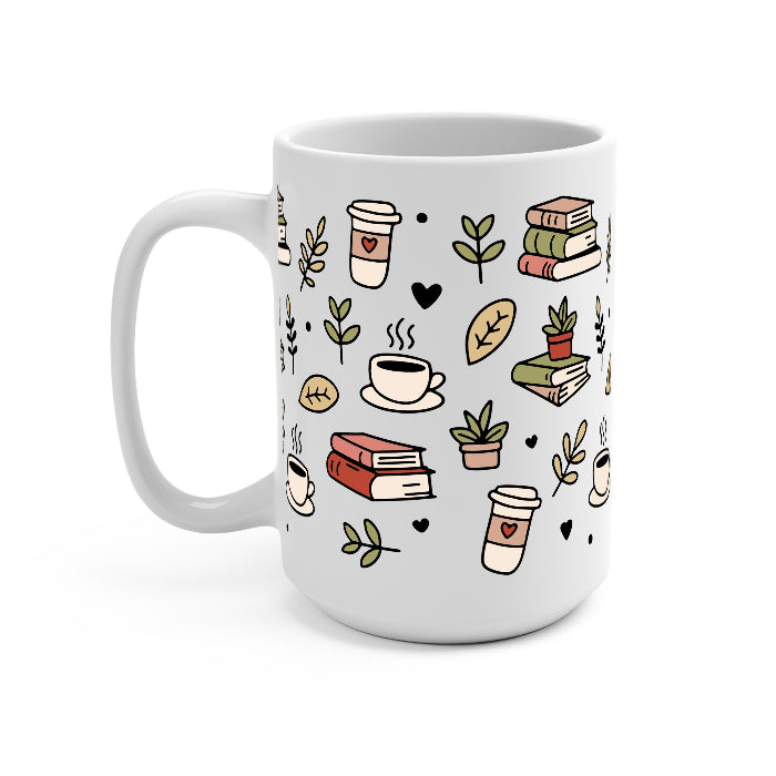 Clear glass mug with bamboo lid and straw featuring a wraparound book lover design with stacked books, coffee cups, potted plants, leafy branches and small black hearts.