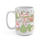 Clear glass cup with bamboo lid and straw featuring a festive wraparound design of stacked books, decorated Christmas trees, candy canes, candles, holly and colorful holiday accents.