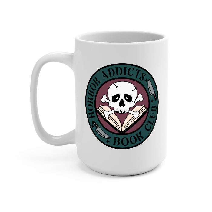 Horror Addicts Book Club design featuring a white skull and crossbones over an open book with knife illustrations, gothic black lettering, and a deep teal and burgundy circular background.