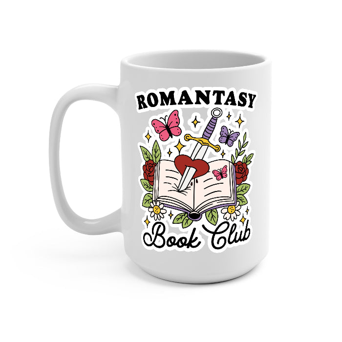 Romantasy Book Club drinkware design featuring an open book pierced by a sword and heart surrounded by red roses, butterflies, flowers, leaves and sparkling fantasy details.