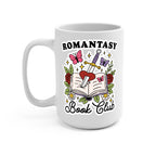 Romantasy Book Club drinkware design featuring an open book pierced by a sword and heart surrounded by red roses, butterflies, flowers, leaves and sparkling fantasy details.