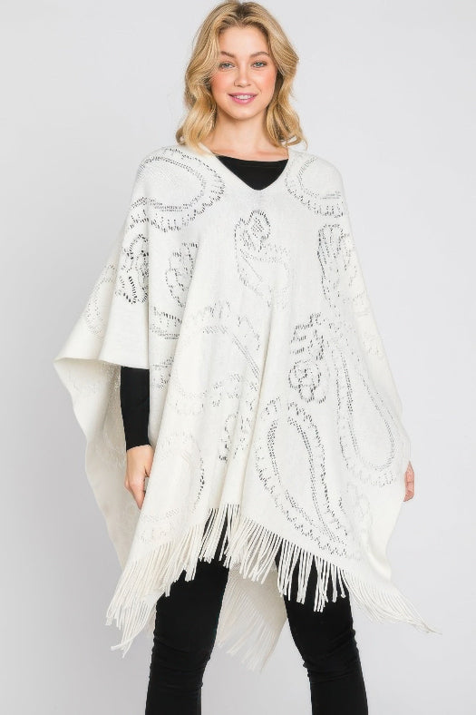 Paisley Pattern Fringe Poncho for Women | Boho Lightweight Wrap Shawl One Size in Ivory