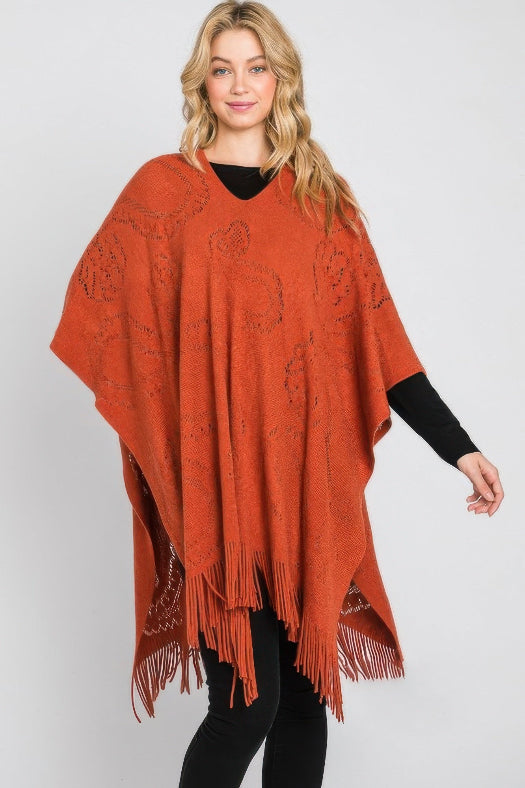 Paisley Pattern Fringe Poncho for Women | Boho Lightweight Wrap Shawl One Size in Rust