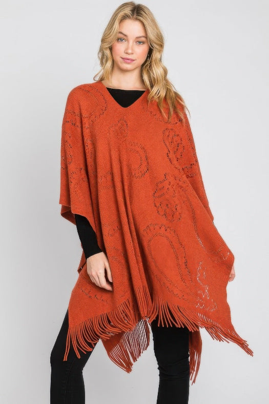 Paisley Pattern Fringe Poncho for Women | Boho Lightweight Wrap Shawl One Size in Rust
