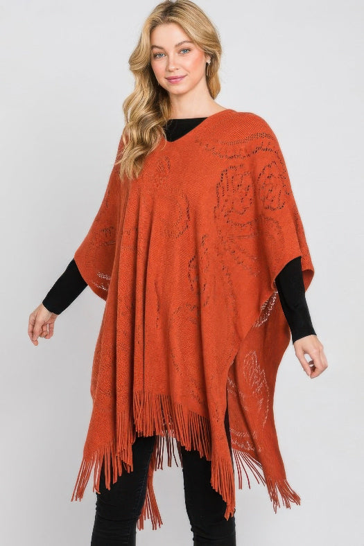 Paisley Pattern Fringe Poncho for Women | Boho Lightweight Wrap Shawl One Size in Rust