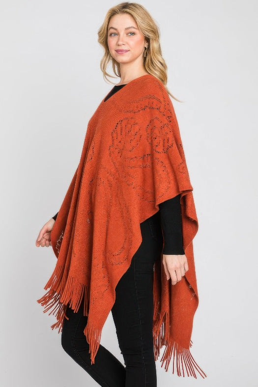 Paisley Pattern Fringe Poncho for Women | Boho Lightweight Wrap Shawl One Size in Rust