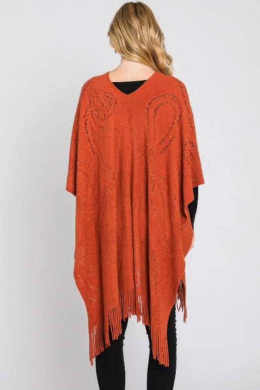 Paisley Pattern Fringe Poncho for Women | Boho Lightweight Wrap Shawl One Size in Rust