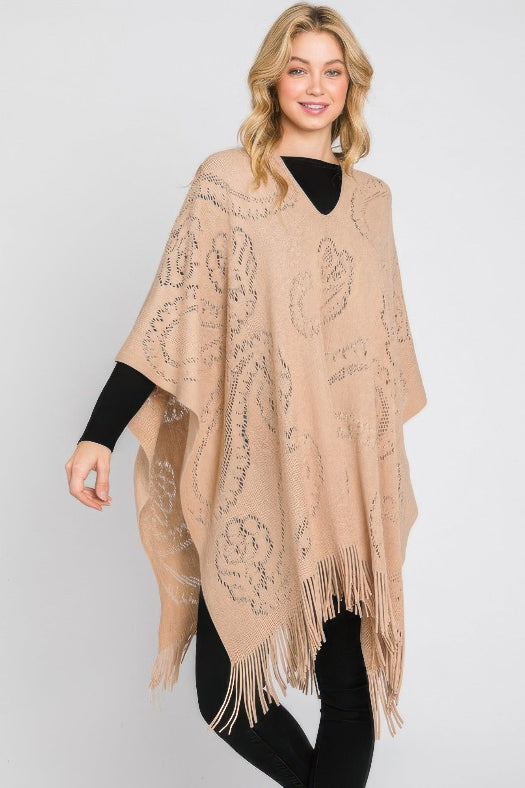 Paisley Pattern Fringe Poncho for Women | Boho Lightweight Wrap Shawl One Size in Taupe