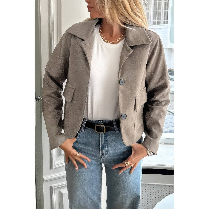 Solid Suit Lapel Faux Suede Leather Jacket for Women | Tailored Faux Suede Blazer Jacket in Khaki