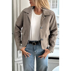 Solid Suit Lapel Faux Suede Leather Jacket for Women | Tailored Faux Suede Blazer Jacket in Khaki