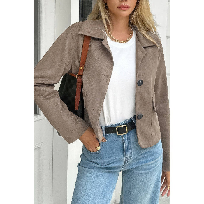 Solid Suit Lapel Faux Suede Leather Jacket for Women | Tailored Faux Suede Blazer Jacket in Khaki