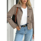 Solid Suit Lapel Faux Suede Leather Jacket for Women | Tailored Faux Suede Blazer Jacket in Khaki