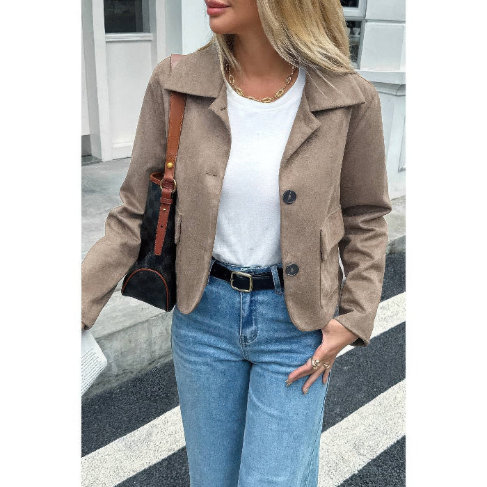 Solid Suit Lapel Faux Suede Leather Jacket for Women | Tailored Faux Suede Blazer Jacket in Khaki