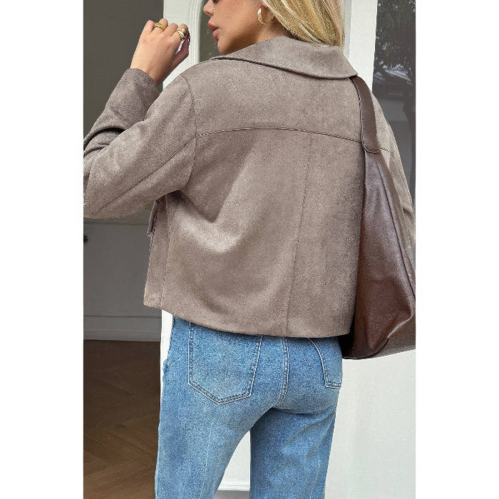 Solid Suit Lapel Faux Suede Leather Jacket for Women | Tailored Faux Suede Blazer Jacket in Khaki