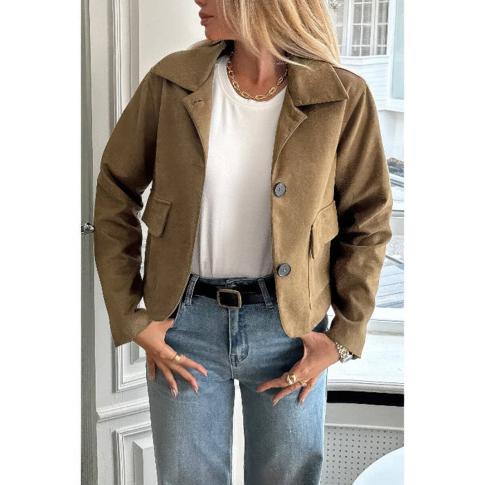 Solid Suit Lapel Faux Suede Leather Jacket for Women | Tailored Faux Suede Blazer Jacket in Coffee