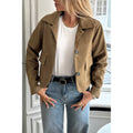 Solid Suit Lapel Faux Suede Leather Jacket for Women | Tailored Faux Suede Blazer Jacket in Coffee