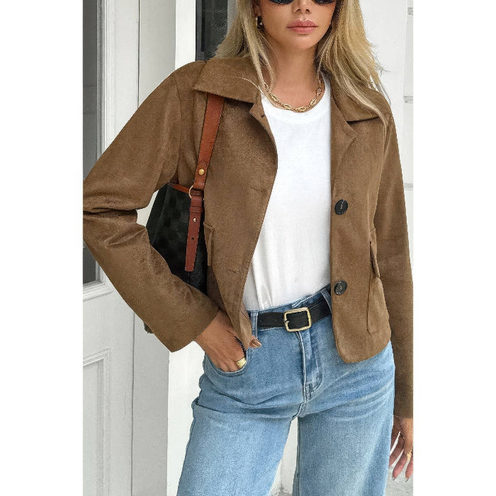 Solid Suit Lapel Faux Suede Leather Jacket for Women | Tailored Faux Suede Blazer Jacket in Coffee