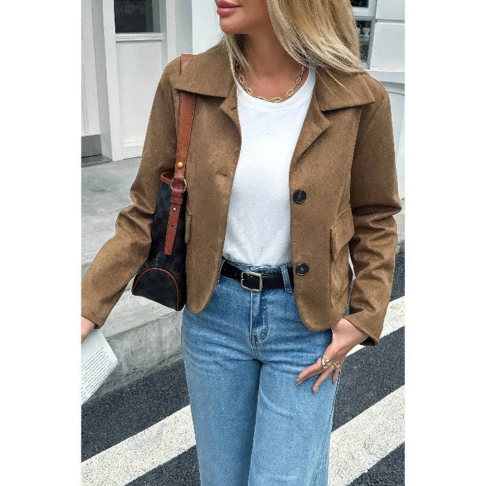 Solid Suit Lapel Faux Suede Leather Jacket for Women | Tailored Faux Suede Blazer Jacket in Coffee