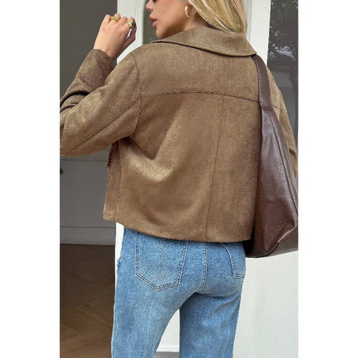 Solid Suit Lapel Faux Suede Leather Jacket for Women | Tailored Faux Suede Blazer Jacket in Coffee