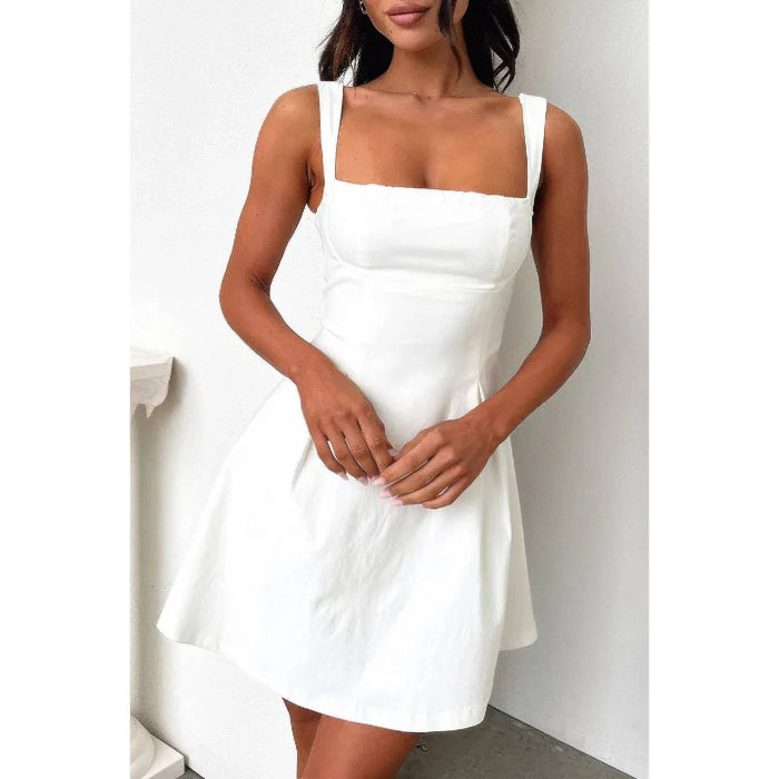 Solid Square Neck Fit Sleeveless Short Dress for Women | Fitted Mini Dress
