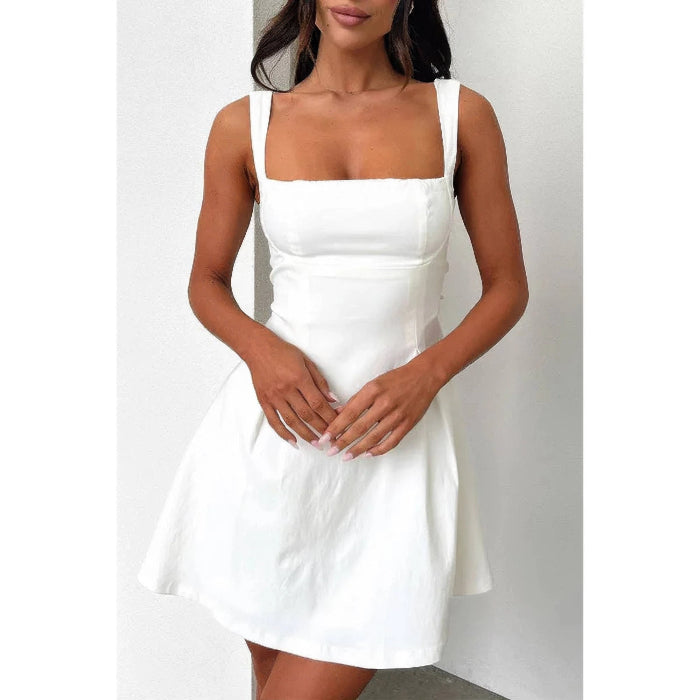 Solid Square Neck Fit Sleeveless Short Dress for Women | Fitted Mini Dress