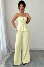 Women’s off-the-shoulder two-piece matching set featuring a cinched waist top and flowing wide-leg pants in a lightweight stretch fabric.