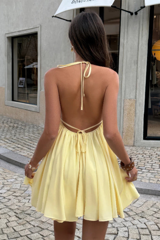 Metal Buckle Camisole A-Line Mini Dress | Women's Sleeveless Mini Dress in Yellow