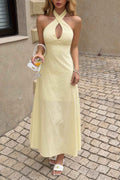 Solid Halter Cross Neck Backless Full Dress