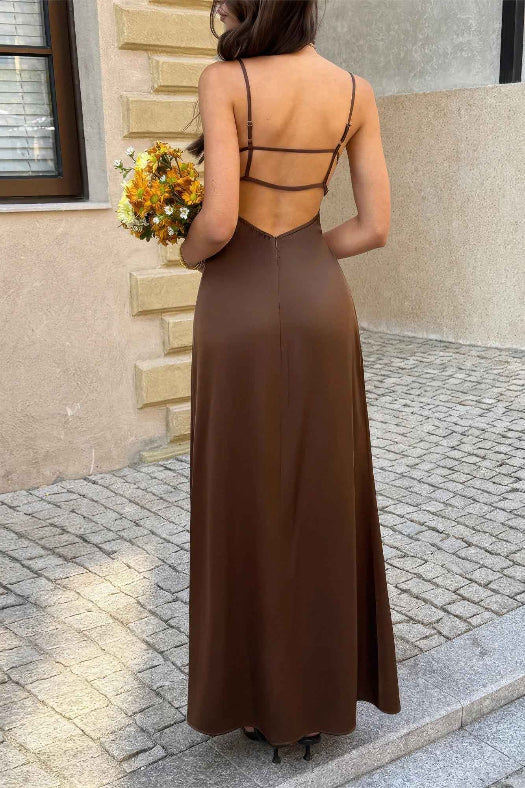 Brown V-Neck Backless A-Line Maxi Dress | Elegant Sleeveless Long Dress