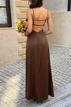 Brown V-Neck Backless A-Line Maxi Dress | Elegant Sleeveless Long Dress