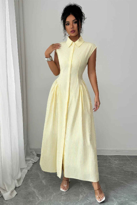 Yellow Collared Ruched Waist Long Dress | Cap Sleeve Elegant Maxi Dress