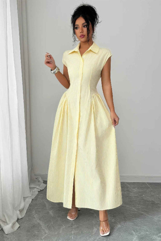 Yellow Collared Ruched Waist Long Dress | Cap Sleeve Elegant Maxi Dress