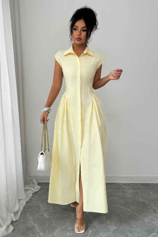 Yellow Collared Ruched Waist Long Dress | Cap Sleeve Elegant Maxi Dress