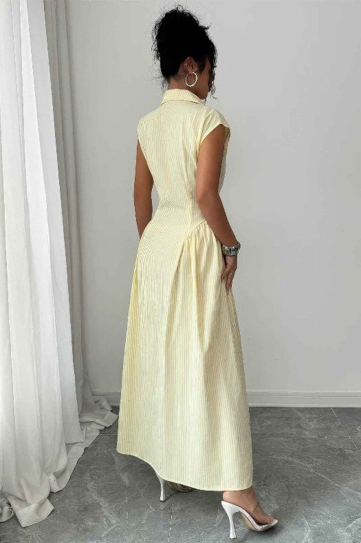 Yellow Collared Ruched Waist Long Dress | Cap Sleeve Elegant Maxi Dress
