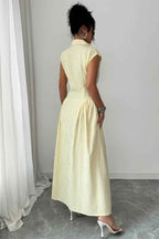 Yellow Collared Ruched Waist Long Dress | Cap Sleeve Elegant Maxi Dress