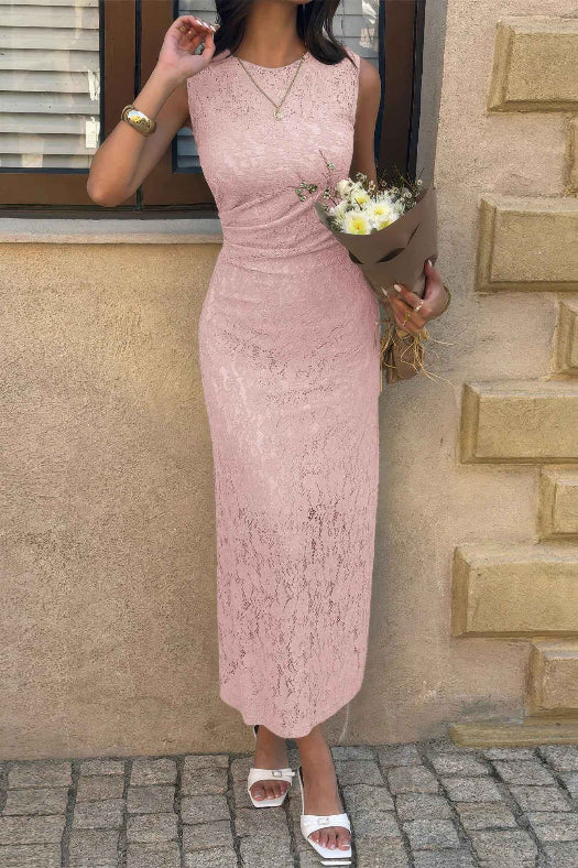 Solid Lace Ruched Waist Midi Dress | Elegant Cocktail Party Dress for Women in Pink