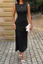 Solid Lace Ruched Waist Midi Dress | Elegant Cocktail Party Dress for Women in Black