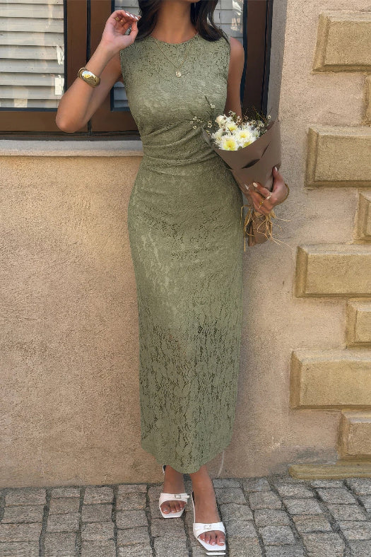Solid Lace Ruched Waist Midi Dress | Elegant Cocktail Party Dress for Women in Green