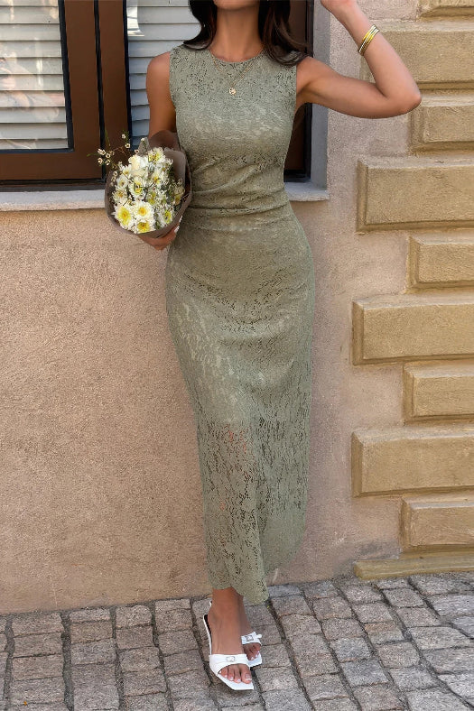 Solid Lace Ruched Waist Midi Dress | Elegant Cocktail Party Dress for Women in Green