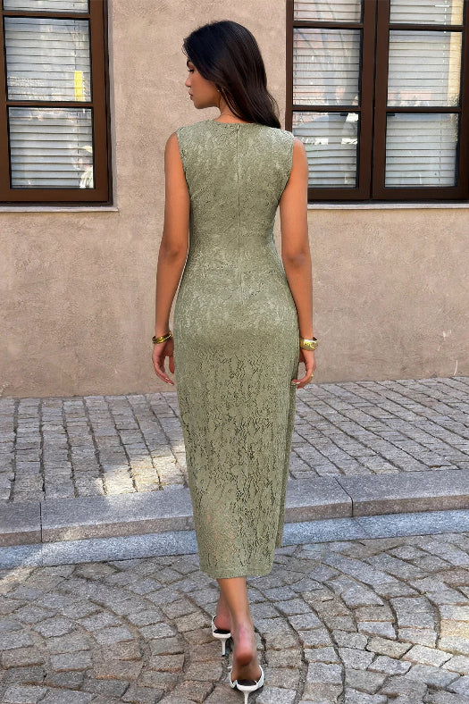 Solid Lace Ruched Waist Midi Dress | Elegant Cocktail Party Dress for Women in Green