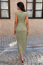 Solid Lace Ruched Waist Midi Dress | Elegant Cocktail Party Dress for Women in Green