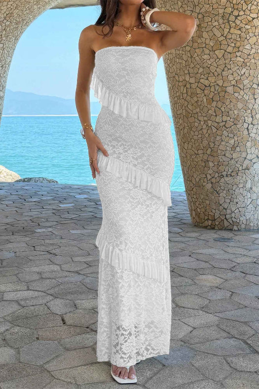 Women’s solid off-the-shoulder lace maxi dress featuring a fitted bodycon silhouette, romantic lace detailing, soft stretch fabric, and an elegant floor-length design in White.