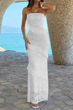 Women’s solid off-the-shoulder lace maxi dress featuring a fitted bodycon silhouette, romantic lace detailing, soft stretch fabric, and an elegant floor-length design in White.