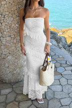 Women’s solid off-the-shoulder lace maxi dress featuring a fitted bodycon silhouette, romantic lace detailing, soft stretch fabric, and an elegant floor-length design in White.