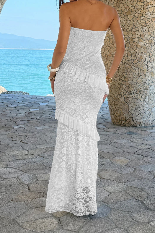 Women’s solid off-the-shoulder lace maxi dress featuring a fitted bodycon silhouette, romantic lace detailing, soft stretch fabric, and an elegant floor-length design in White.