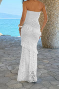 Women’s solid off-the-shoulder lace maxi dress featuring a fitted bodycon silhouette, romantic lace detailing, soft stretch fabric, and an elegant floor-length design in White.