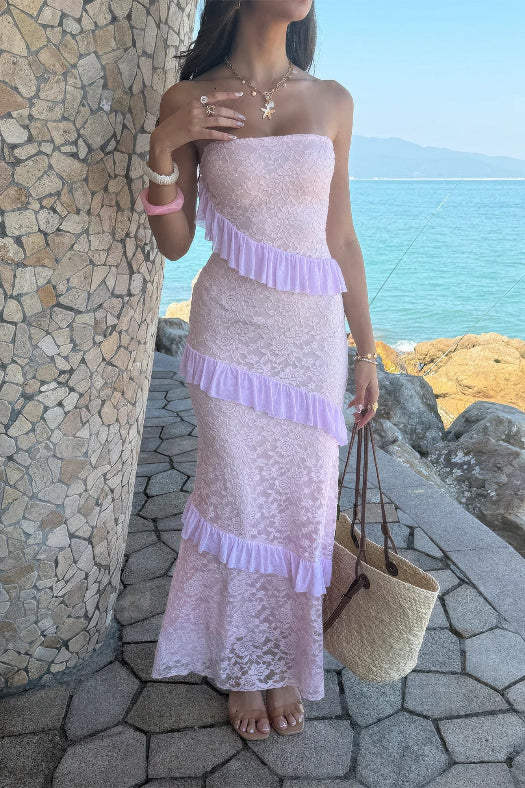 Women’s solid off-the-shoulder lace maxi dress featuring a fitted bodycon silhouette, romantic lace detailing, soft stretch fabric, and an elegant floor-length design in Pink.