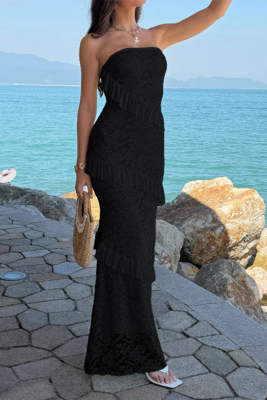 Women’s solid off-the-shoulder lace maxi dress featuring a fitted bodycon silhouette, romantic lace detailing, soft stretch fabric, and an elegant floor-length design in Black.